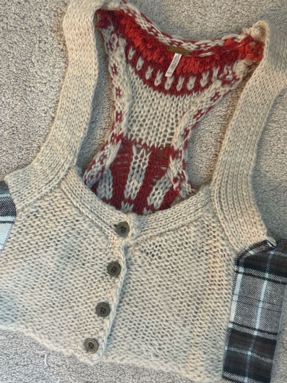Free People Cream Knit Button-Front Tank with Red Back Panel